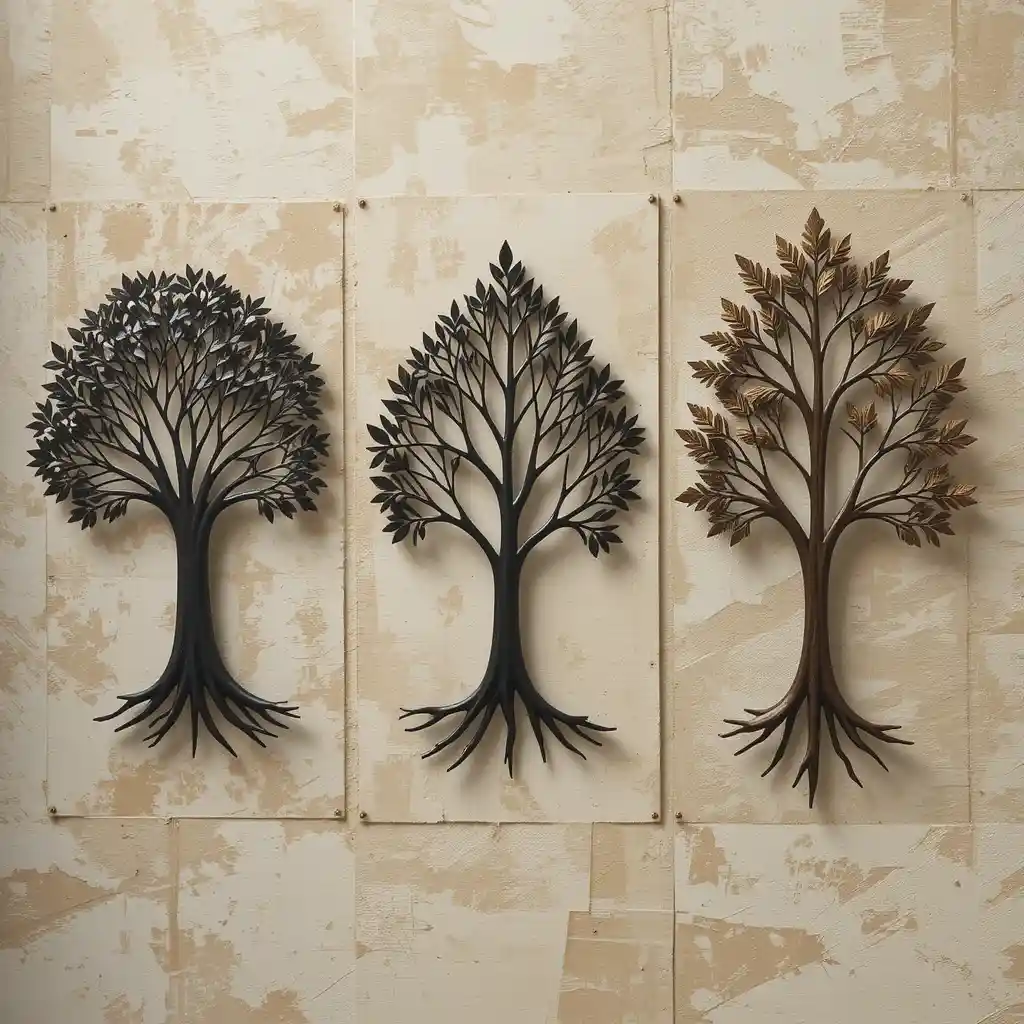 Rustic Metal Tree Wall Art in warm copper tones above fireplace