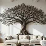 Metal Tree Wall Art above a modern sofa in a bright living room