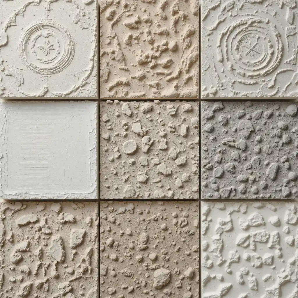 Display board of different plaster wall texture samples