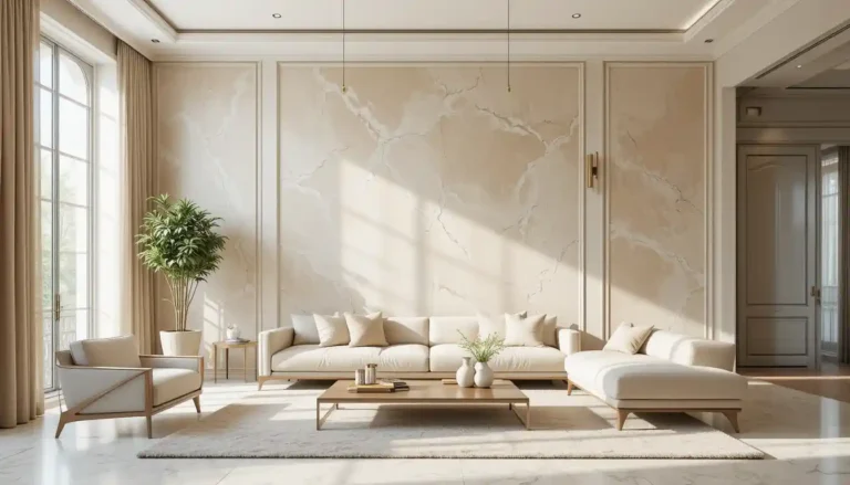 Elegant living room with plaster wall texture feature wall