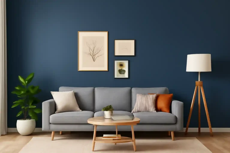 Modern living room with navy blue accent wall and minimalist furniture.