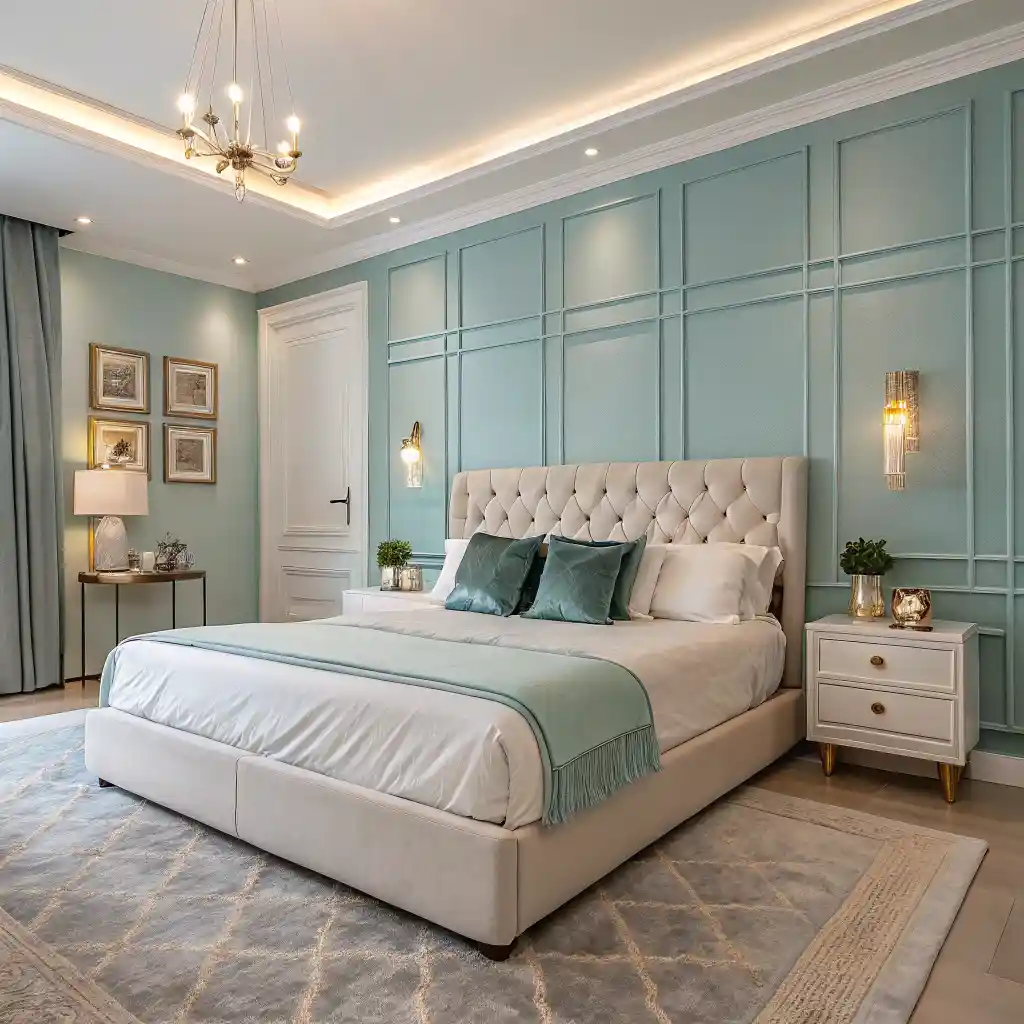 Cozy bedroom with deep green accent wall and wooden furniture.
