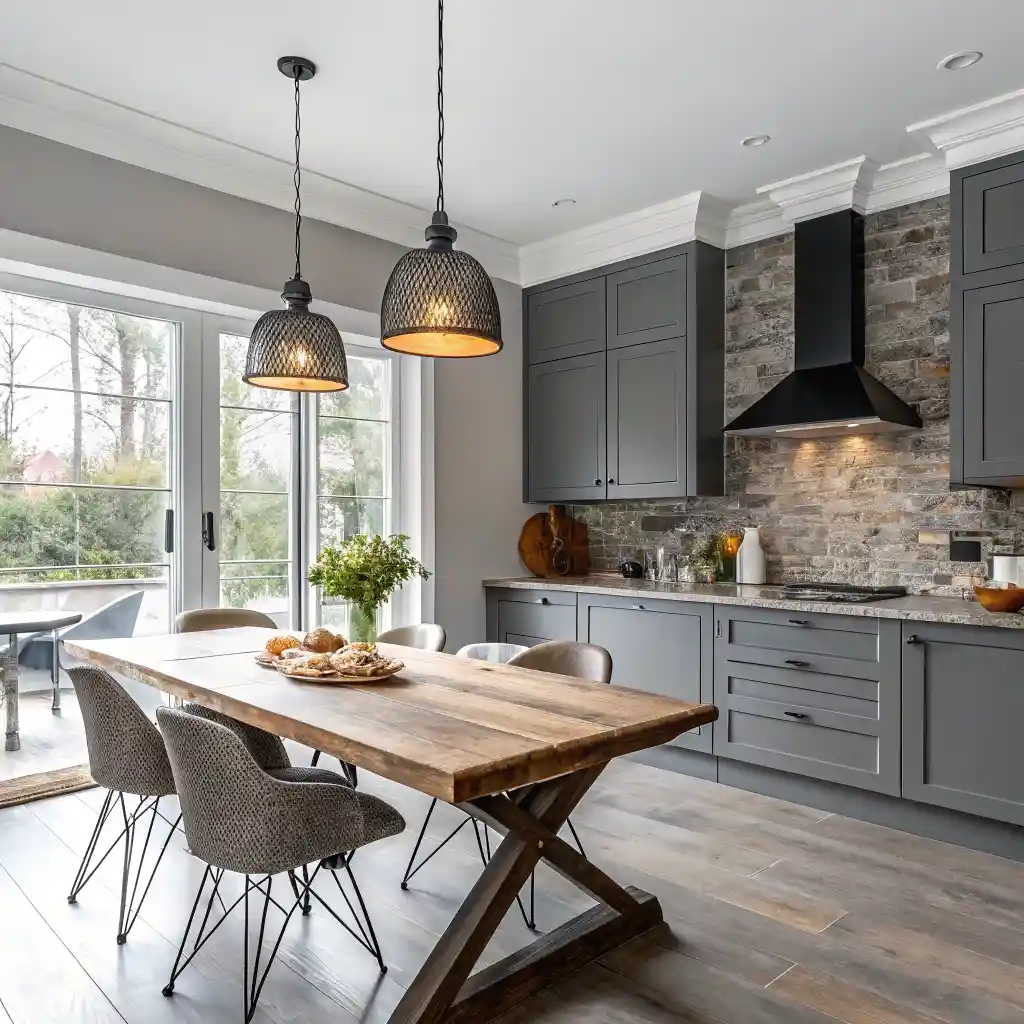 Modern kitchen with a gray accent wall and rustic wooden dining table.