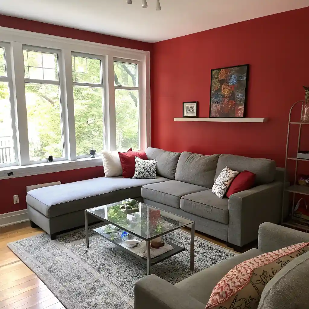 Living room with a bold red accent wall behind the sofa.