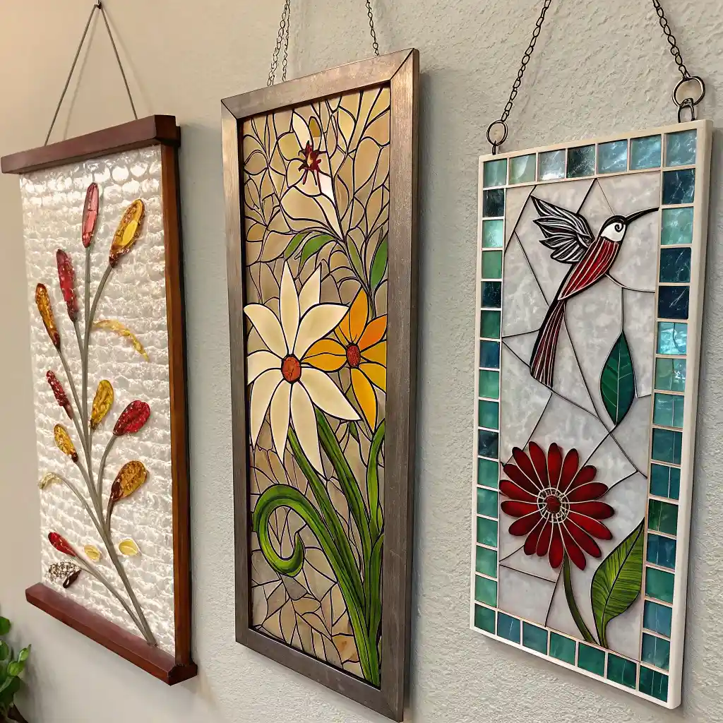 Different types of glass wall art decor: stained glass, fused glass, mosaic glass.