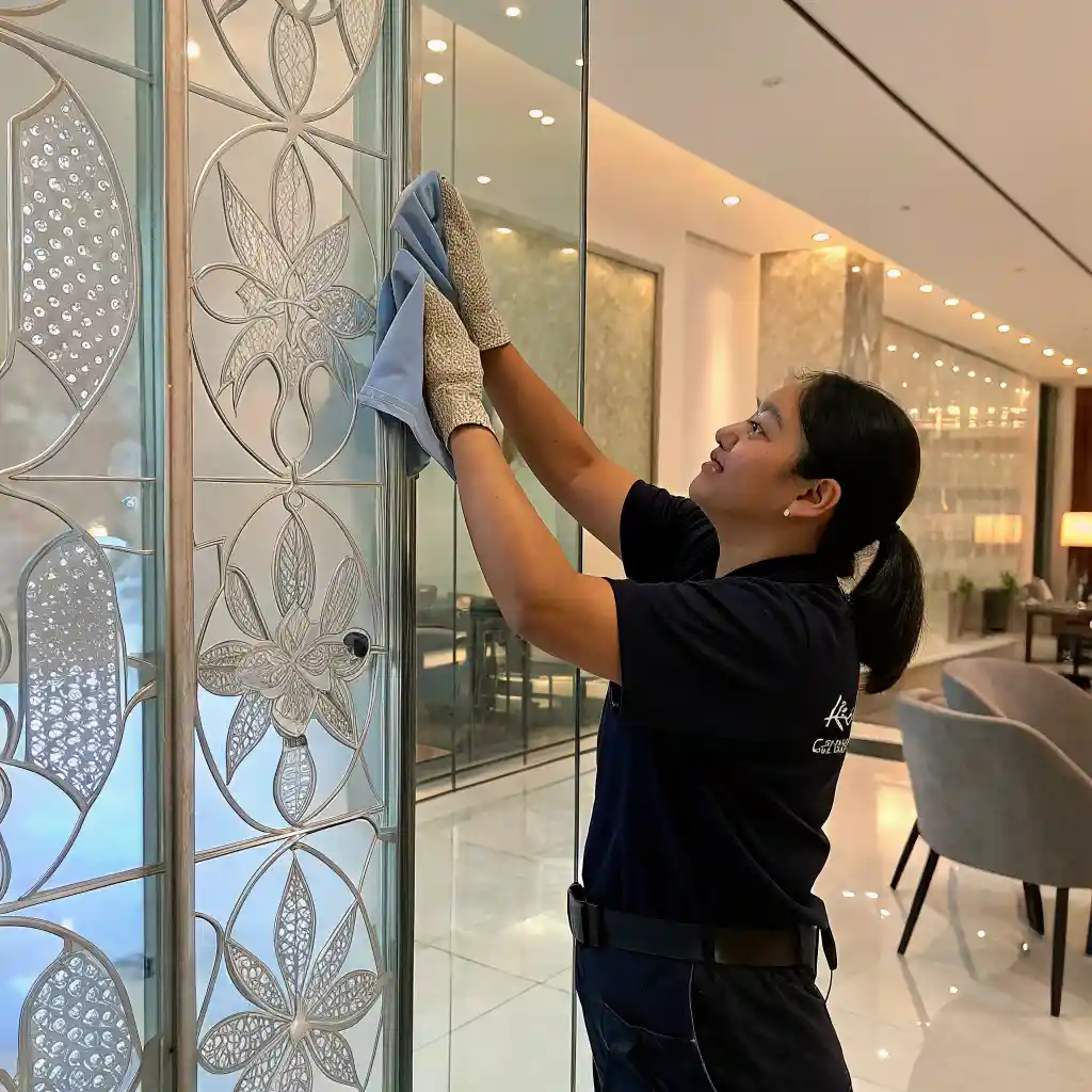 Cleaning glass wall art decor with a soft cloth.