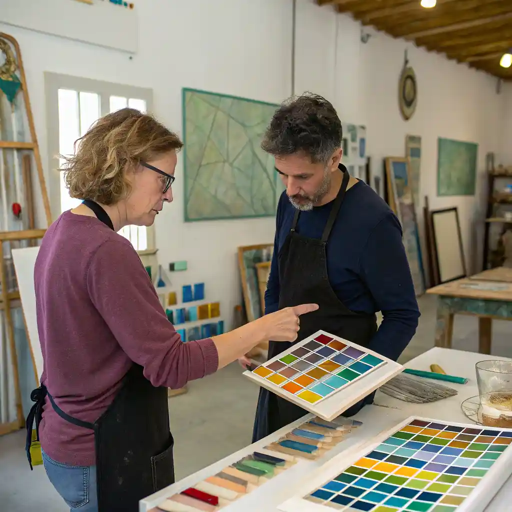 A person selecting colors for custom glass wall art decor with an artist in a studio.
