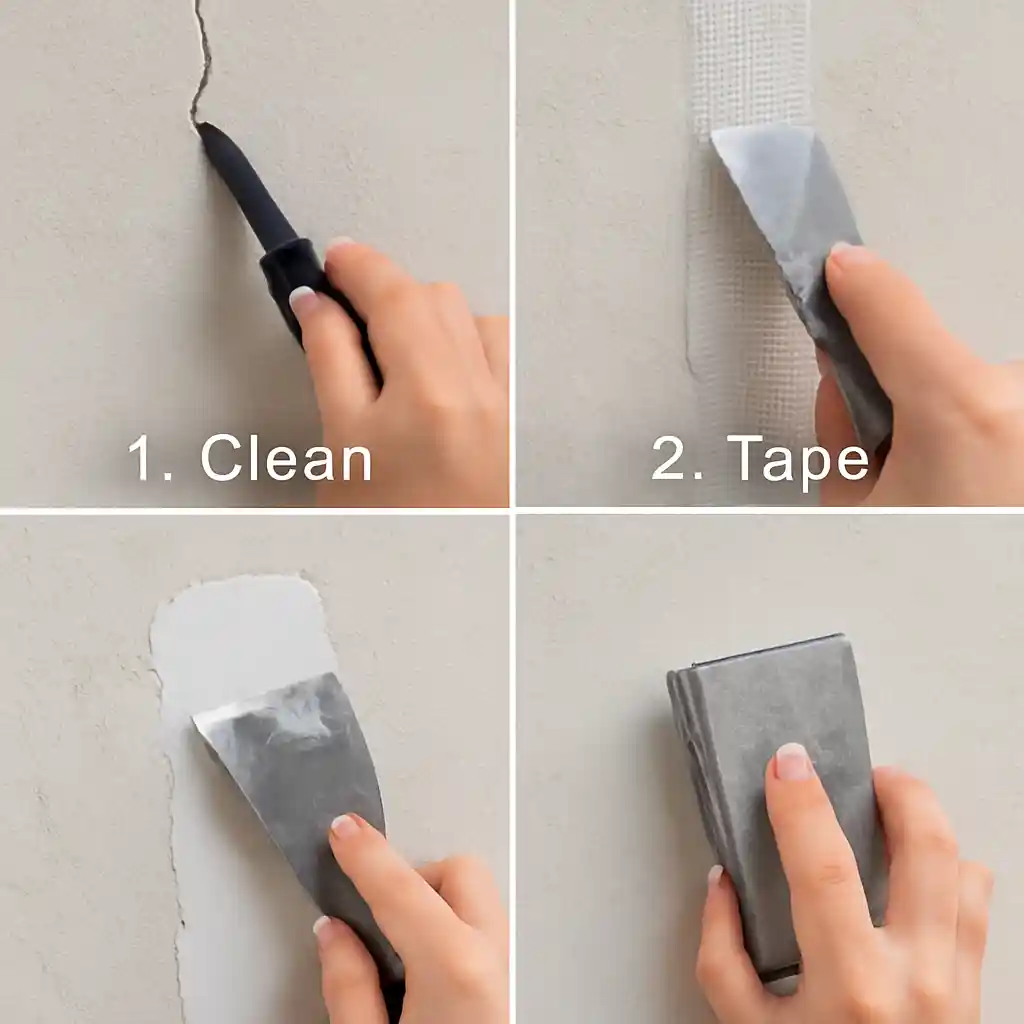 A step-by-step photo guide showing how to clean, tape, apply compound, and sand plaster cracks.