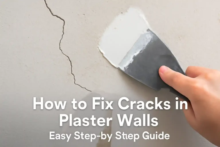 Close-up of a hand applying plaster compound to a cracked plaster wall.