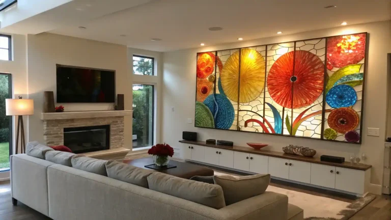 Vibrant glass wall art decor in modern living room."
