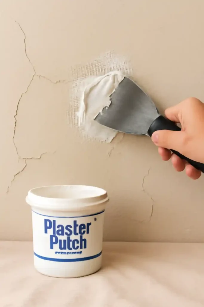 A hand applying plaster compound over a hole covered by mesh tape, with a container of Plaster Patch Compound nearby.