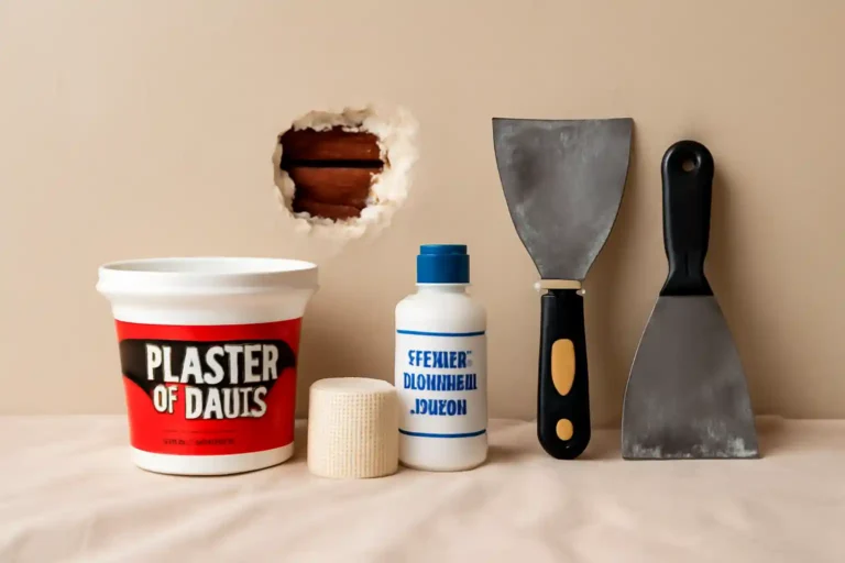 Plaster repair tools and materials set next to a hole in a plaster wall, featuring Plaster of Paris, bonding agent, fiberglass mesh tape, and putty knives.