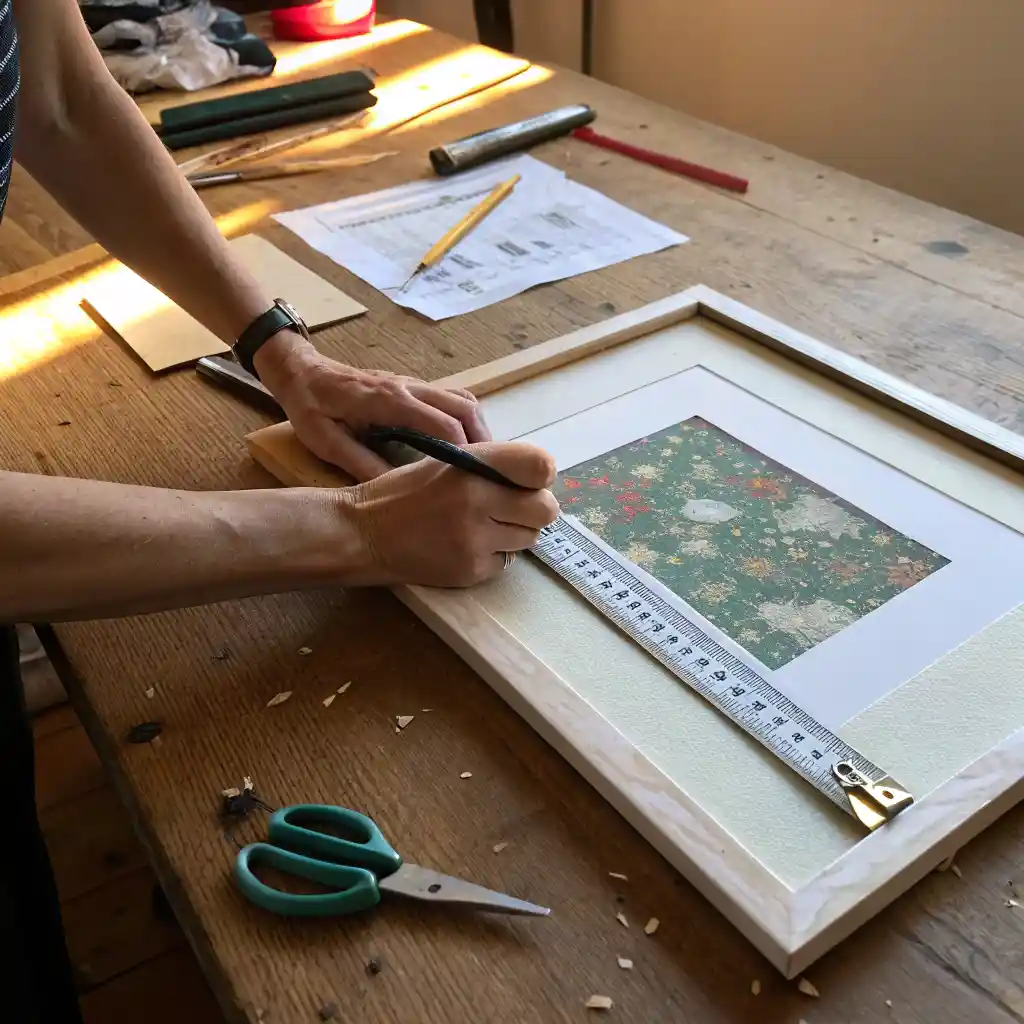 Person using tape and paper cutouts to plan gallery wall — Picture Frame Sizes