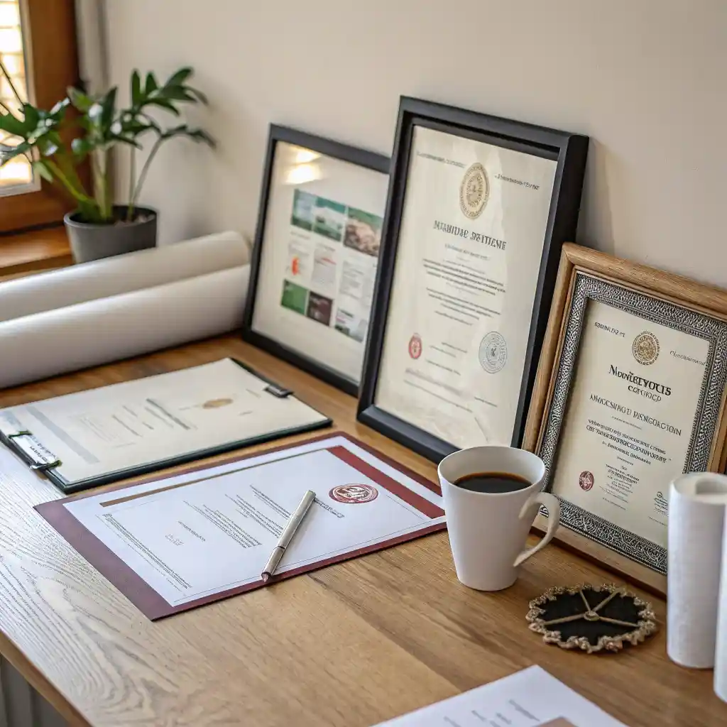 Framed diploma hanging above desk in home office — Picture Frame Sizes