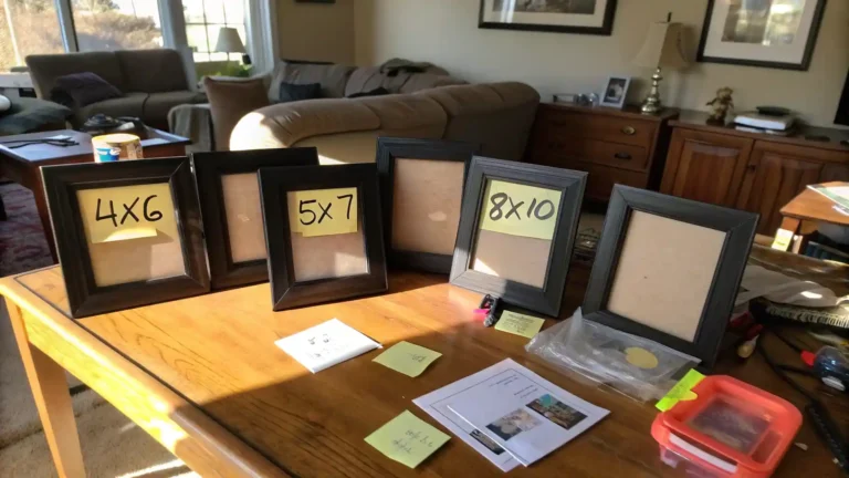 Overhead view of a messy table with frames, rulers, and photos being sorted by hand — frame size guide