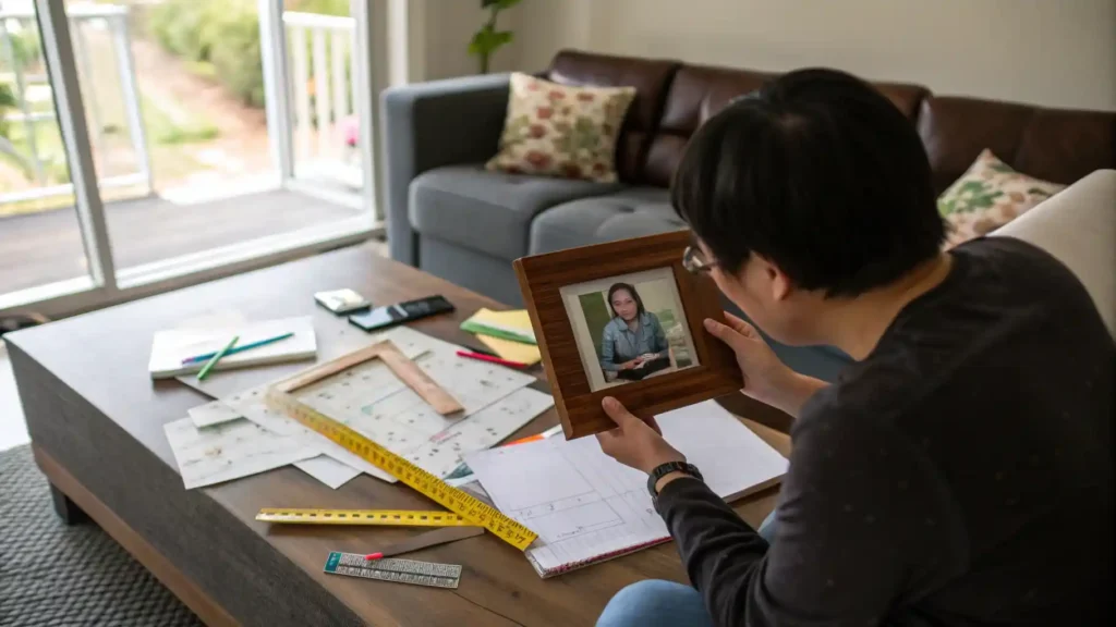 Person frustrated holding mismatched photo and frame at a cluttered table — Picture Frame Sizes