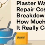 A digital illustration showing a damaged plaster wall with a large crack and a bucket with plaster repair tools, accompanied by bold text, "Plaster Wall Repair Cost Breakdown: How Much Does it Really Cost?