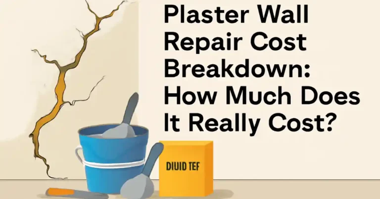 A digital illustration showing a damaged plaster wall with a large crack and a bucket with plaster repair tools, accompanied by bold text, "Plaster Wall Repair Cost Breakdown: How Much Does it Really Cost?