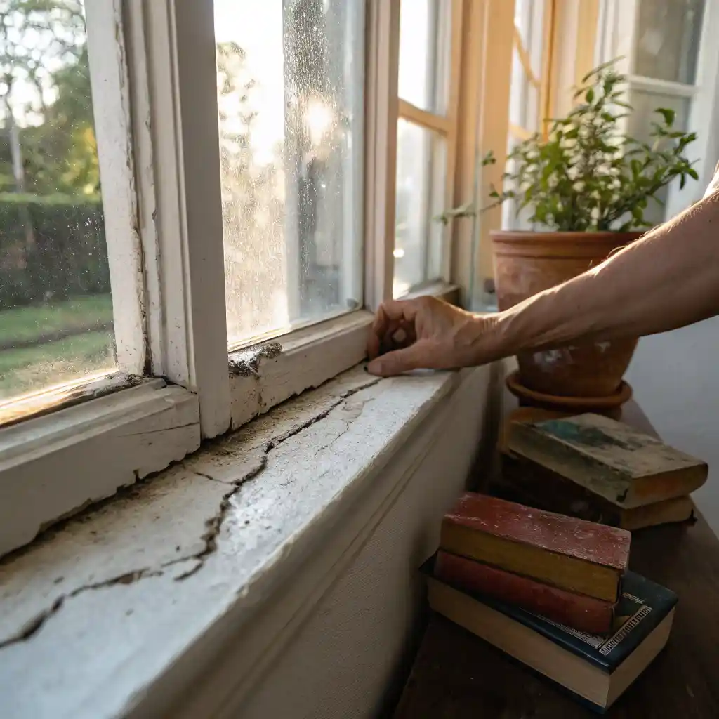 A hand touching a damp crack with discoloration near a window sill
