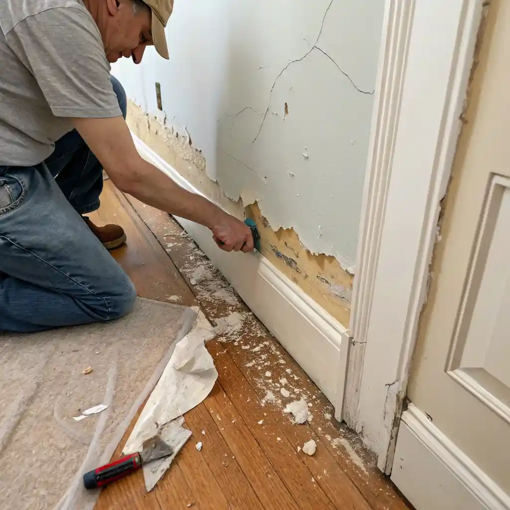 Person using a paint roller on a patched plaster wall, with paint tray on chair