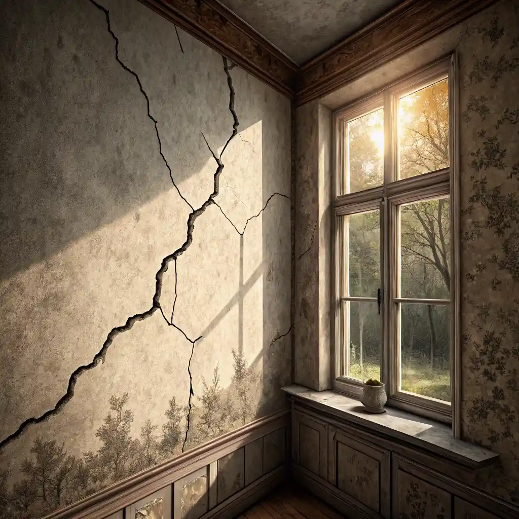 Overhead view of spider-web style hairline cracks on an old ceiling
