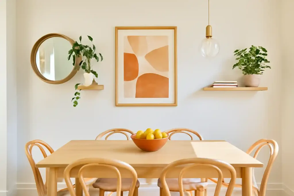 Dining room wall decor ideas with abstract art, wooden dining table, and green plants