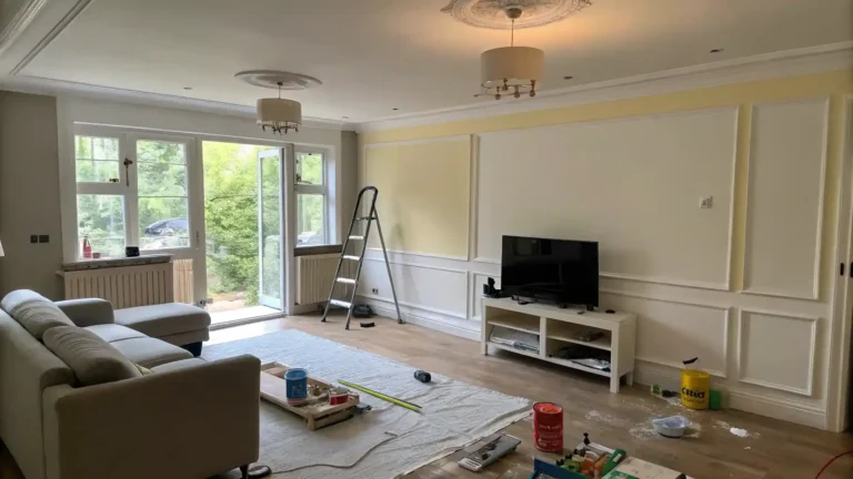 Half-painted modern living room showing before and after contrast