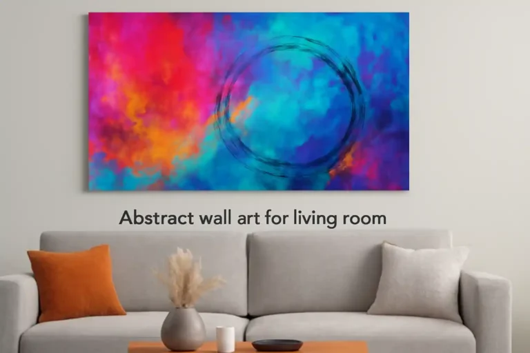 Modern living room with abstract art above sofa, showcasing contemporary design.