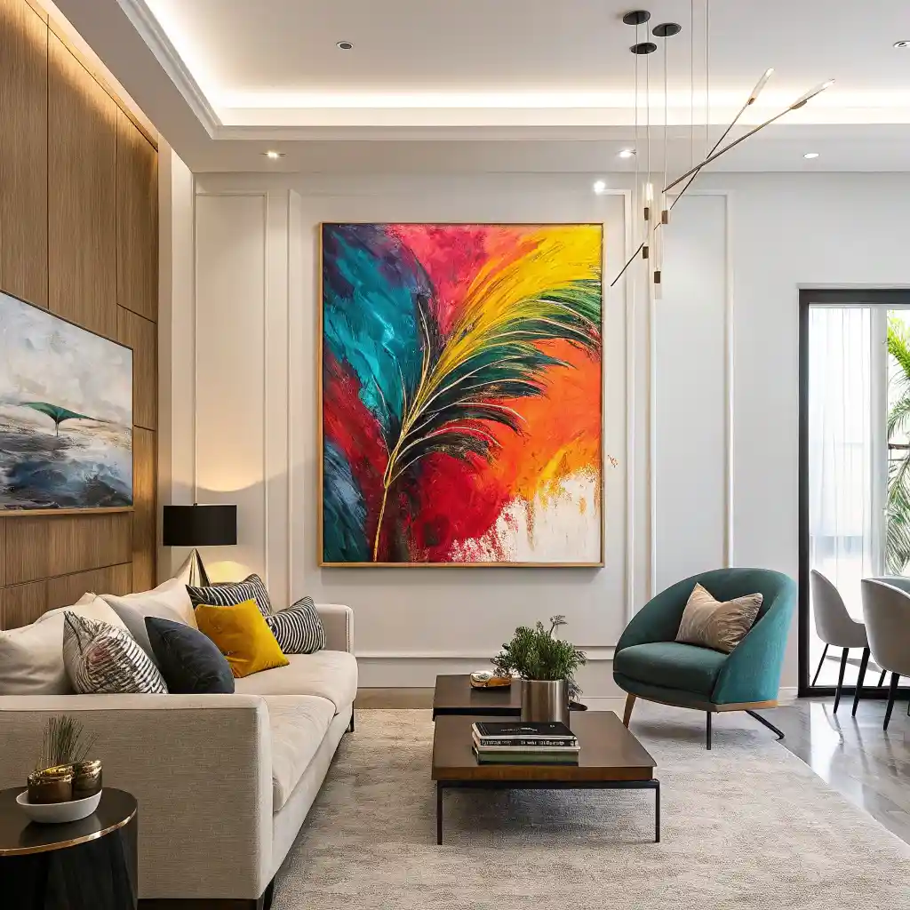 Abstract art as the focal point in a modern living room.