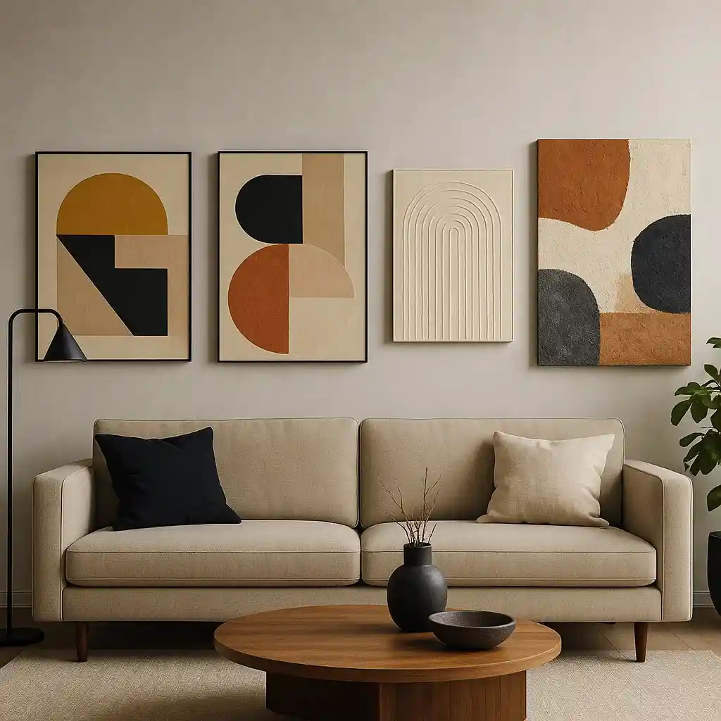 Various styles of abstract art displayed in a stylish living room.
