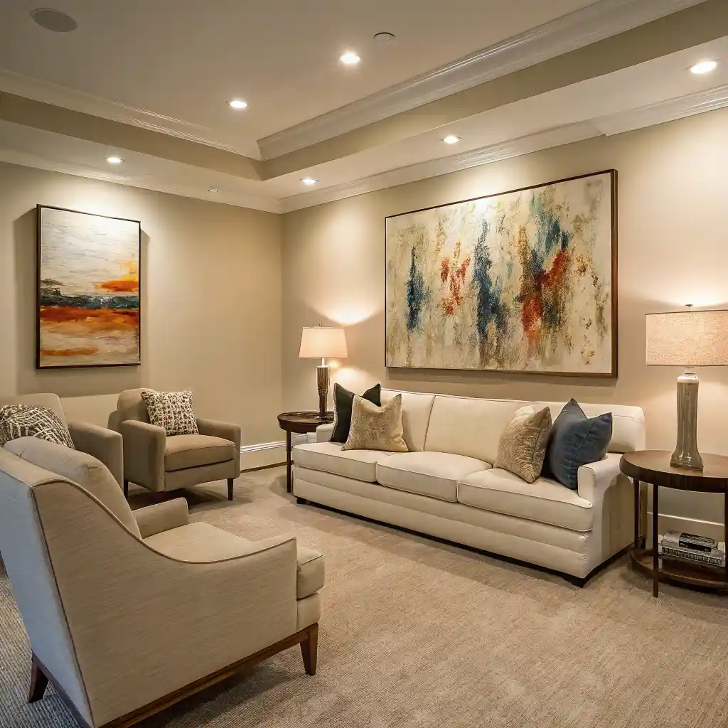 Large abstract art piece fitting above a sofa in a spacious living room.