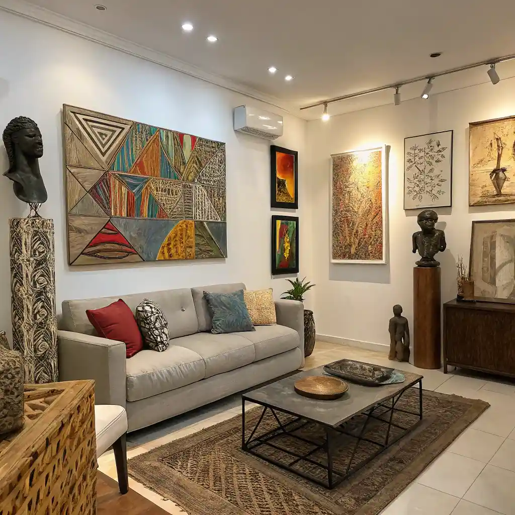 Vibrant, bold abstract art in a living room reflecting 2025 trends