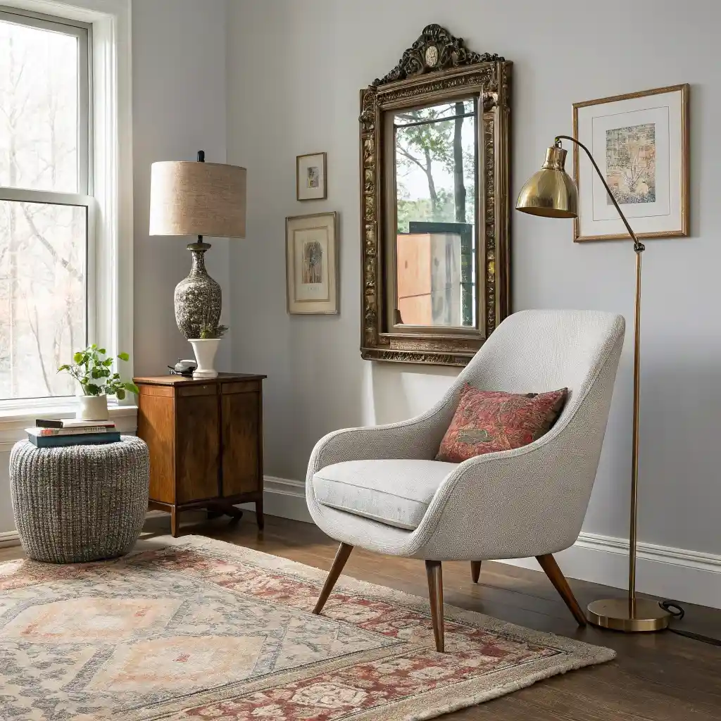 A modern living room featuring vintage framed art, antique mirror, and mid-century modern furniture, illuminated by natural light.