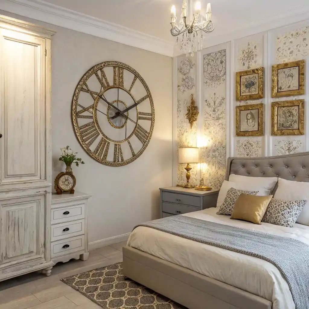 A cozy modern bedroom featuring antique vintage wall decor like a vintage clock and distressed wooden frame.