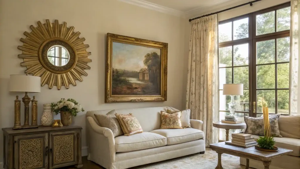 Living room with a mix of antique vintage wall decor and modern furniture, featuring a framed painting, sunburst mirror, and neutral furnishings.