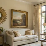Living room with a mix of antique vintage wall decor and modern furniture, featuring a framed painting, sunburst mirror, and neutral furnishings.
