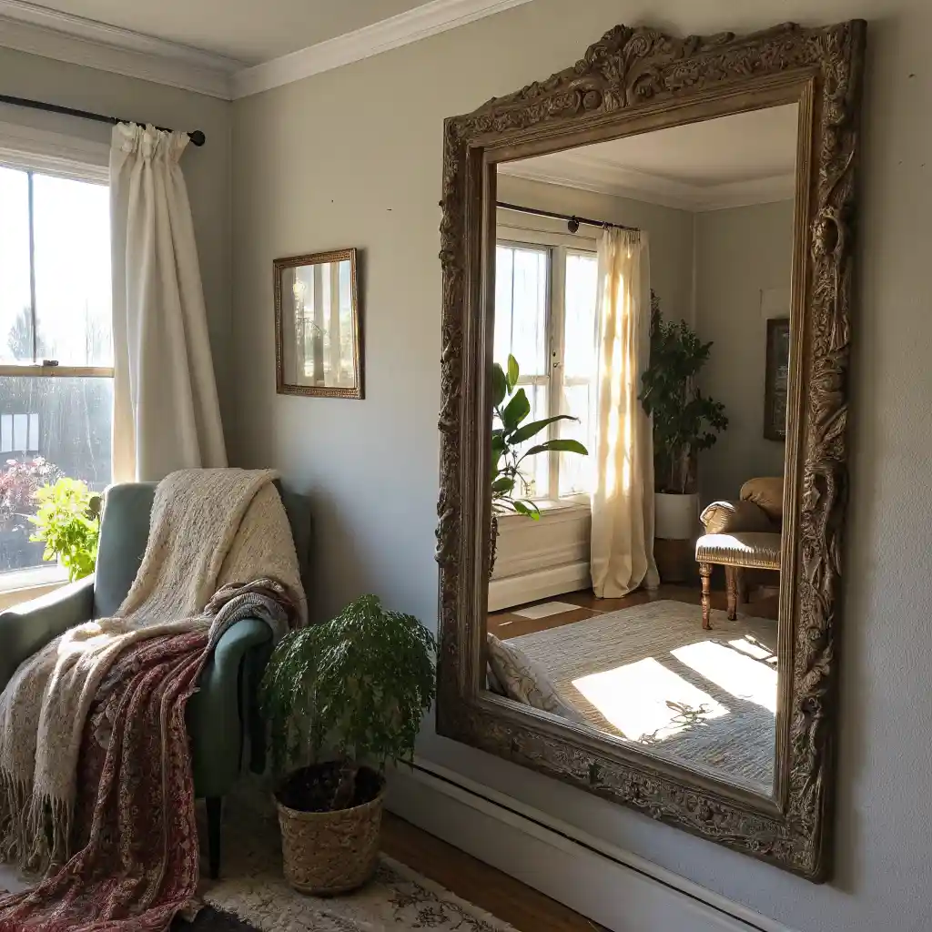 Vintage mirror with an ornate frame hanging on a living room wall, with natural sunlight.