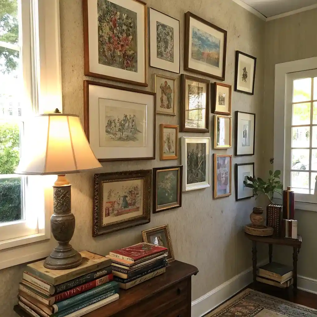 Gallery wall with eclectic mix of vintage and modern framed art in a living room.