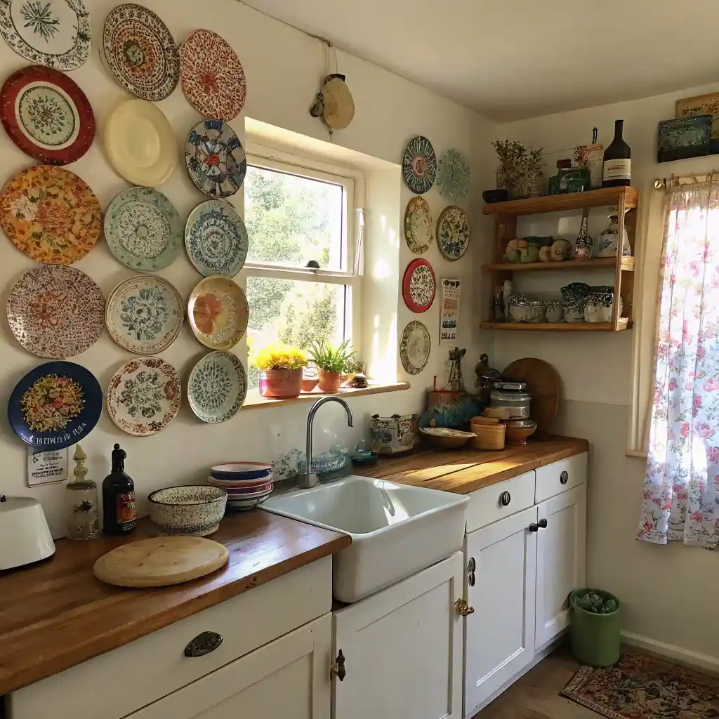 Vintage plates hung on a kitchen wall, creating an eclectic and colorful display.