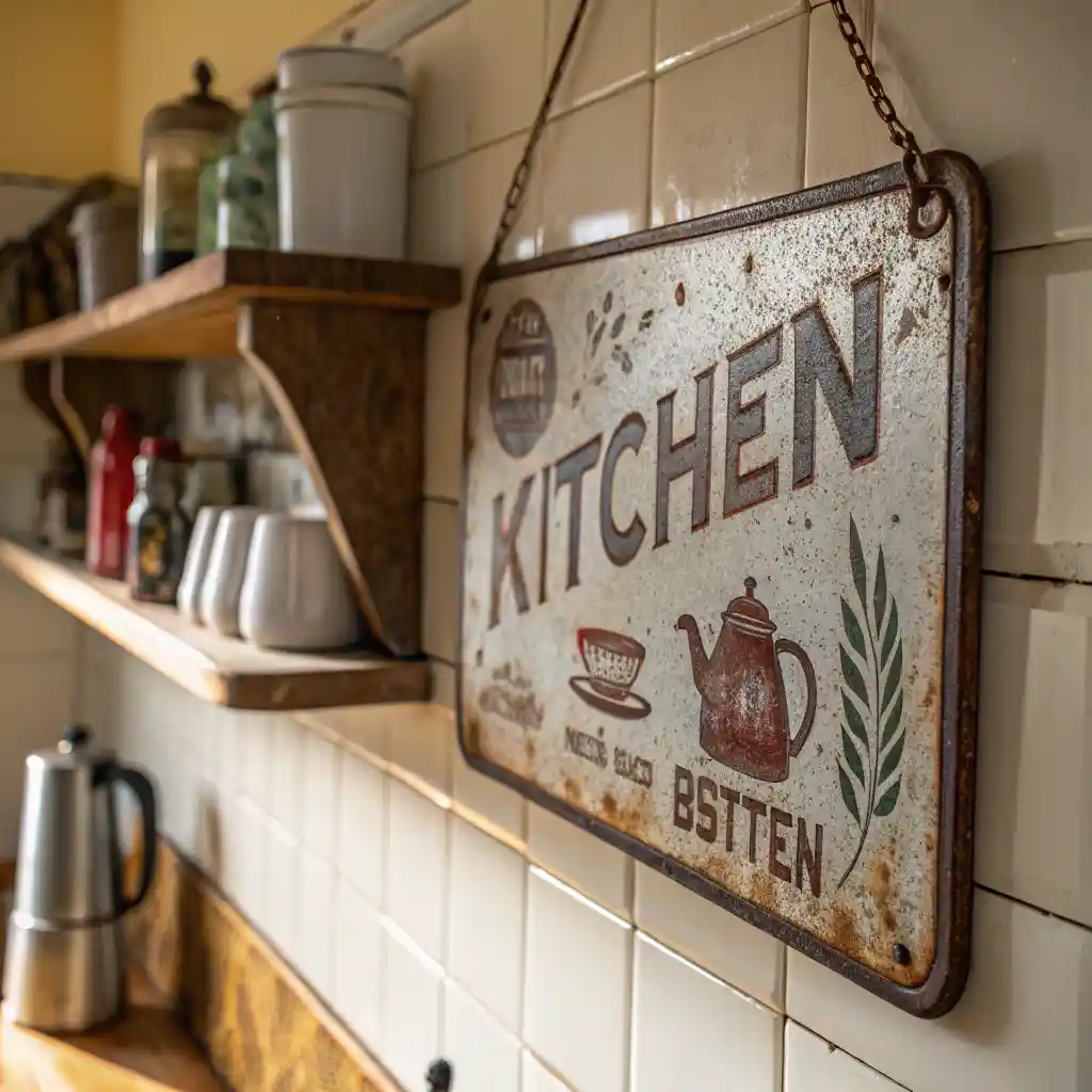 Rusty antique metal sign hanging on a kitchen wall with mismatched decor.