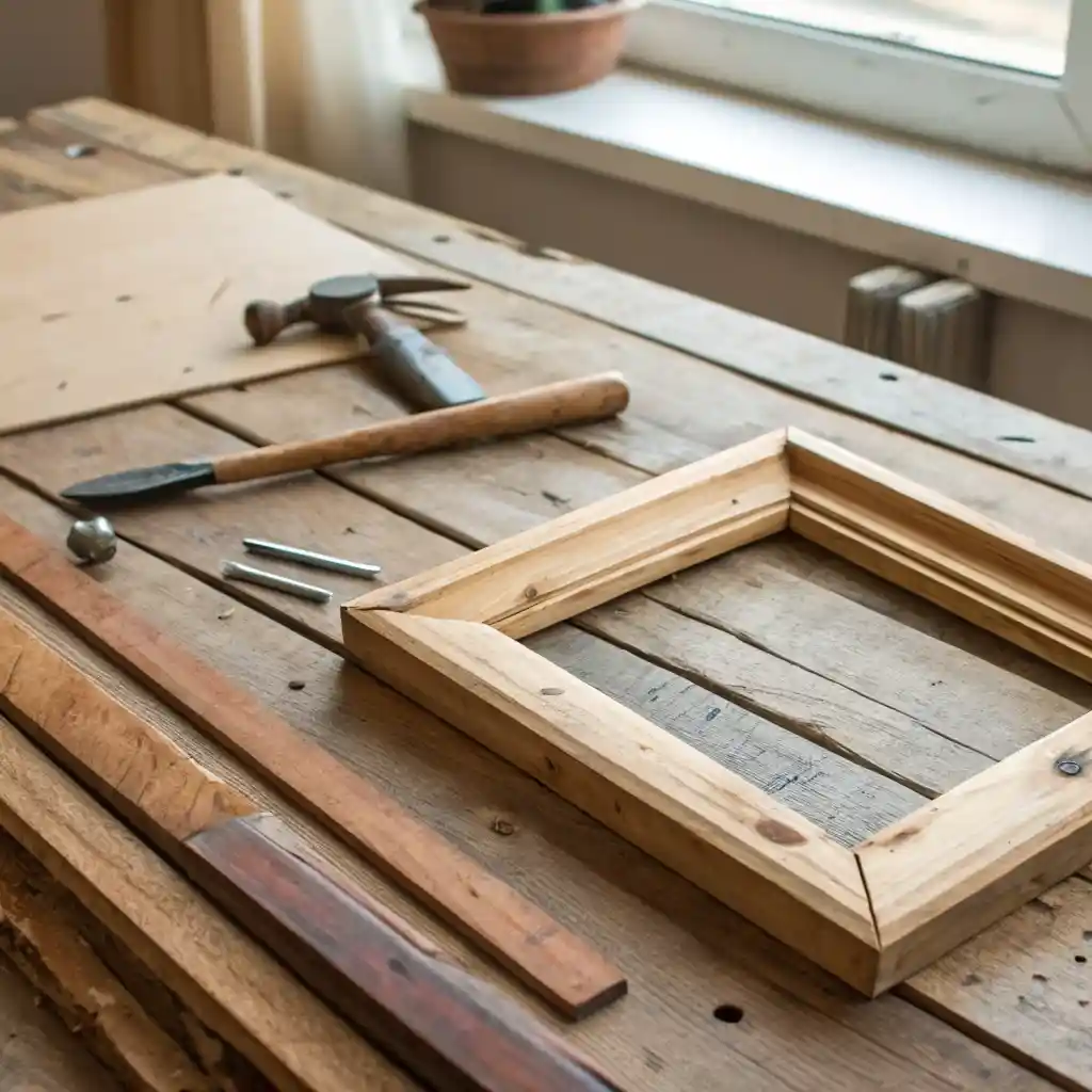 DIY reclaimed wood picture frame on a wooden workbench with tools and natural light.