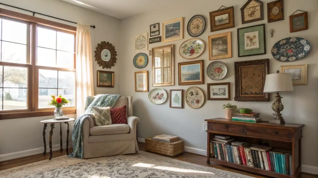Cozy living room with eclectic vintage decor, including a gallery wall with reclaimed wood frames, vintage mirrors, and colorful plates, bathed in soft natural sunlight.
