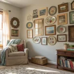 Cozy living room with eclectic vintage decor, including a gallery wall with reclaimed wood frames, vintage mirrors, and colorful plates, bathed in soft natural sunlight.