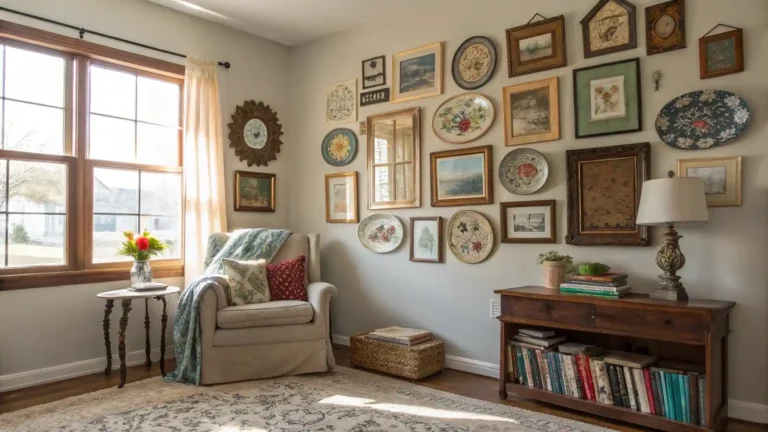 Cozy living room with eclectic vintage decor, including a gallery wall with reclaimed wood frames, vintage mirrors, and colorful plates, bathed in soft natural sunlight.