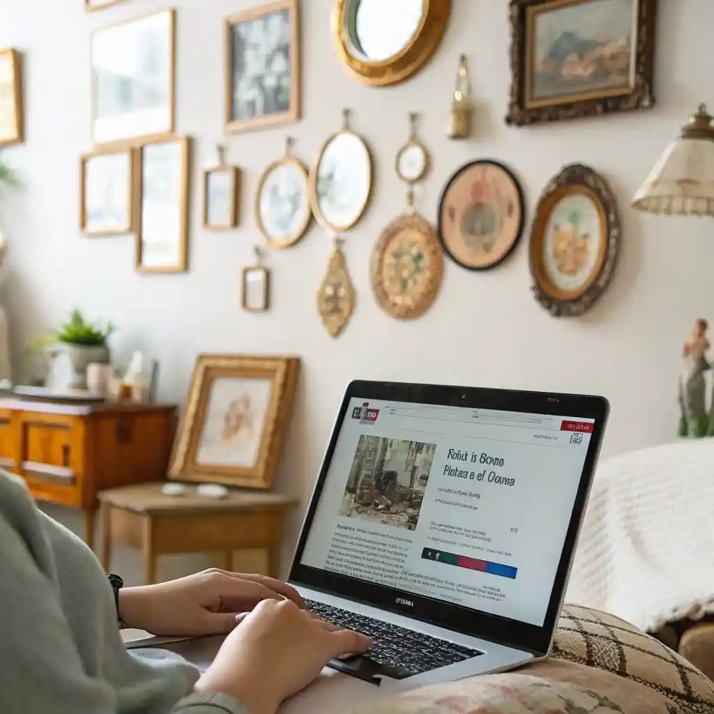 Person browsing a website like Etsy or eBay for vintage wall decor on a tablet, with vintage artwork displayed on the screen.