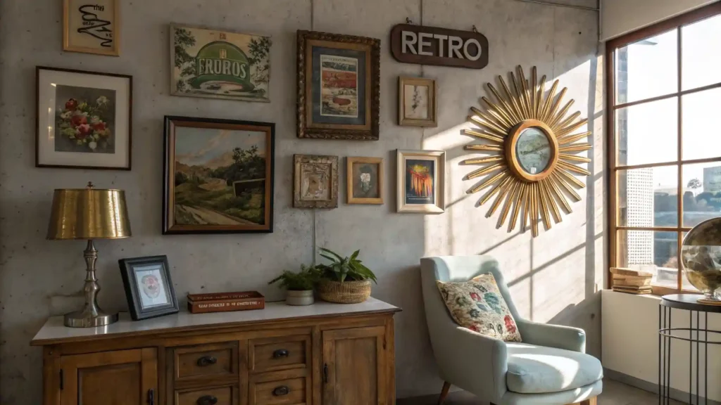 Cozy living room with a mix of vintage wall art, including framed paintings and a sunburst mirror, creating a nostalgic atmosphere.