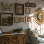 Cozy living room with a mix of vintage wall art, including framed paintings and a sunburst mirror, creating a nostalgic atmosphere.