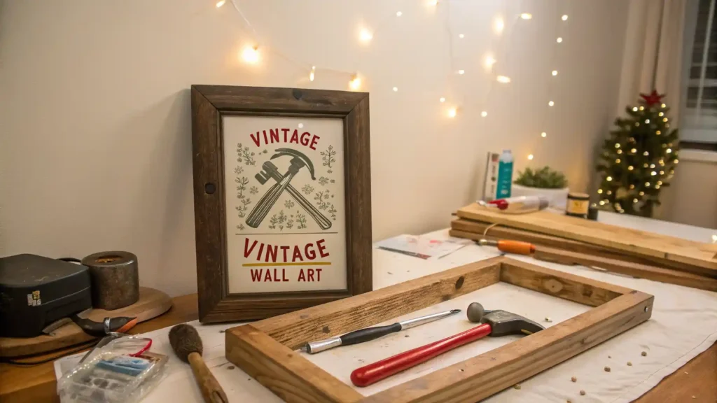 Person crafting DIY vintage wall art with reclaimed wood, paint, and vintage artwork in a cozy workspace.