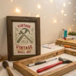 Person crafting DIY vintage wall art with reclaimed wood, paint, and vintage artwork in a cozy workspace.