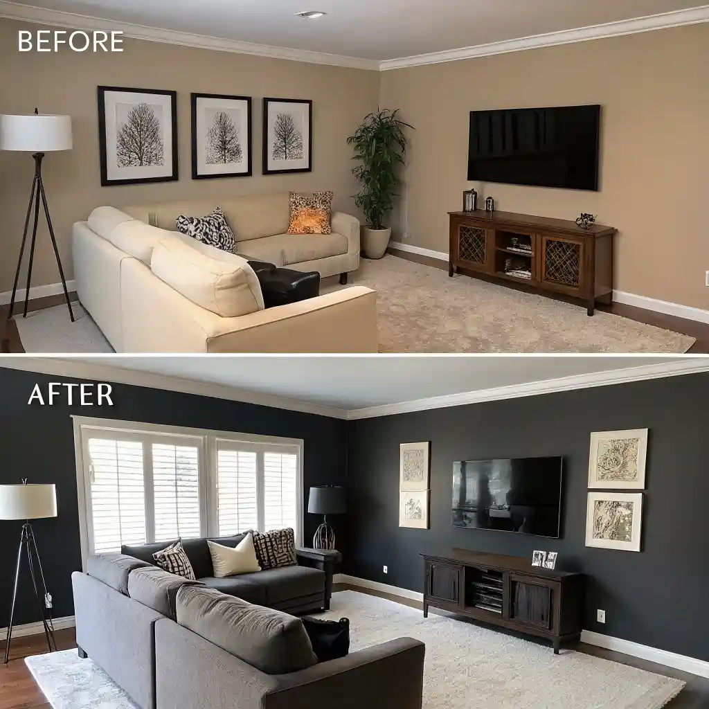 Before-and-after transformation of a living room with dark walls.